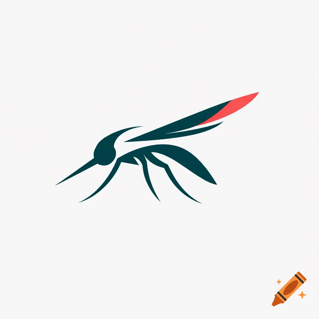 A minimalist logo of a stylized mosquito in dark teal with a red accent on its tail, on a white background.