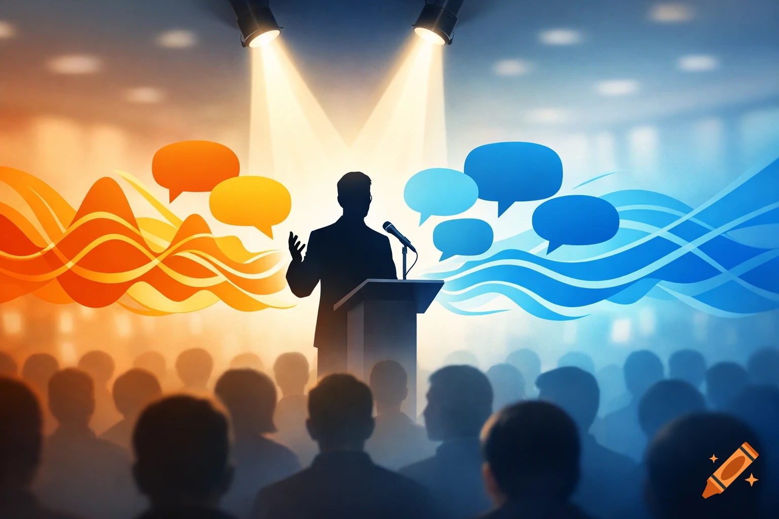 Silhouette of a speaker at a podium addressing an audience, with abstract orange and blue communication waves and speech bubbles.