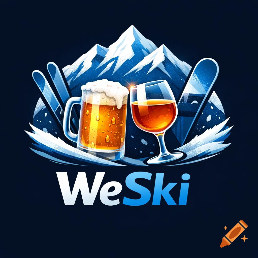 Logo for WeSki featuring snowy mountains, a pair of skis, a mug of beer, and a glass of wine on a dark background.
