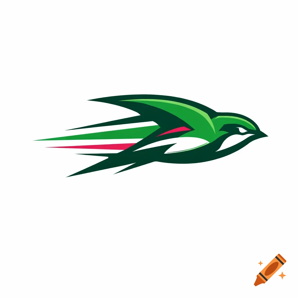 A sleek, modern pictogram logo of a green swift bird with white and pink racing stripes and motion lines, on a white background.