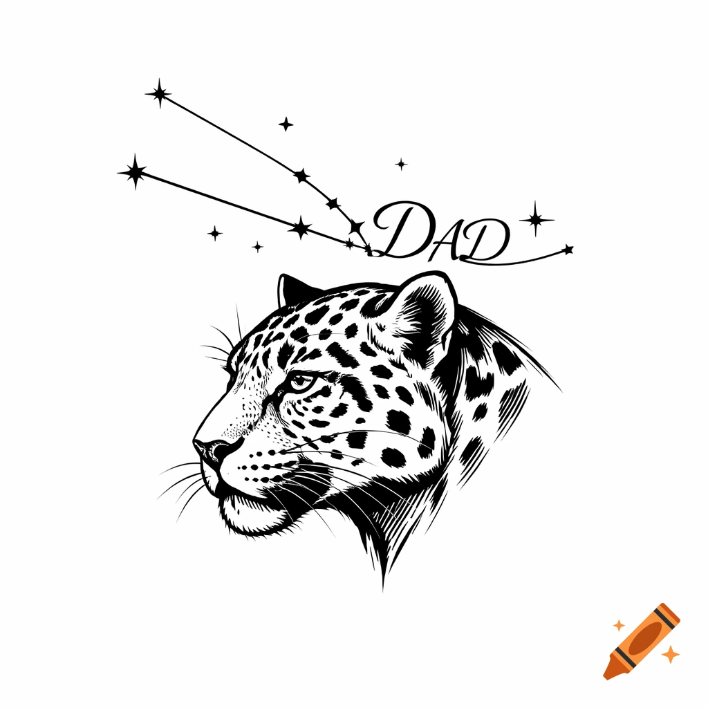 Black ink illustration of a jaguar head in profile with the Taurus constellation and the word Dad above it, in a tattoo design style.