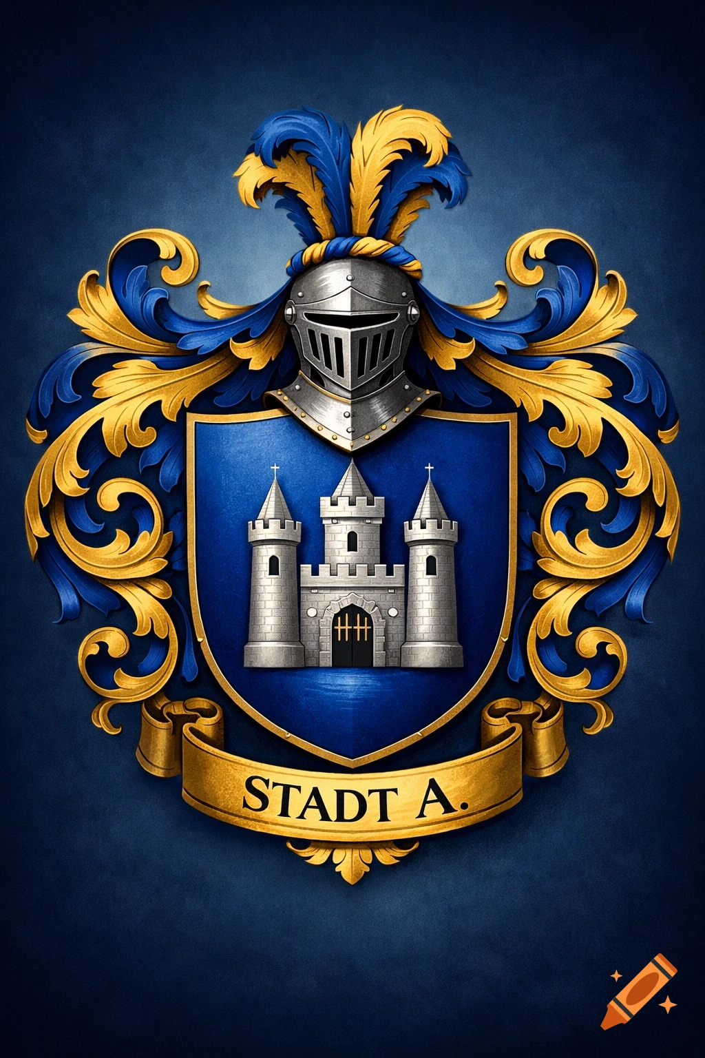 A detailed blue and gold coat of arms with a silver knight's helmet, a shield featuring a castle, and a 'STADT A.' banner.