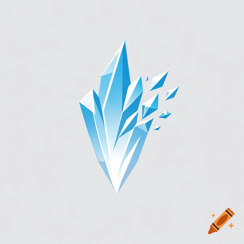 Stylized light blue crystal logo with shards breaking away on a light grey background.