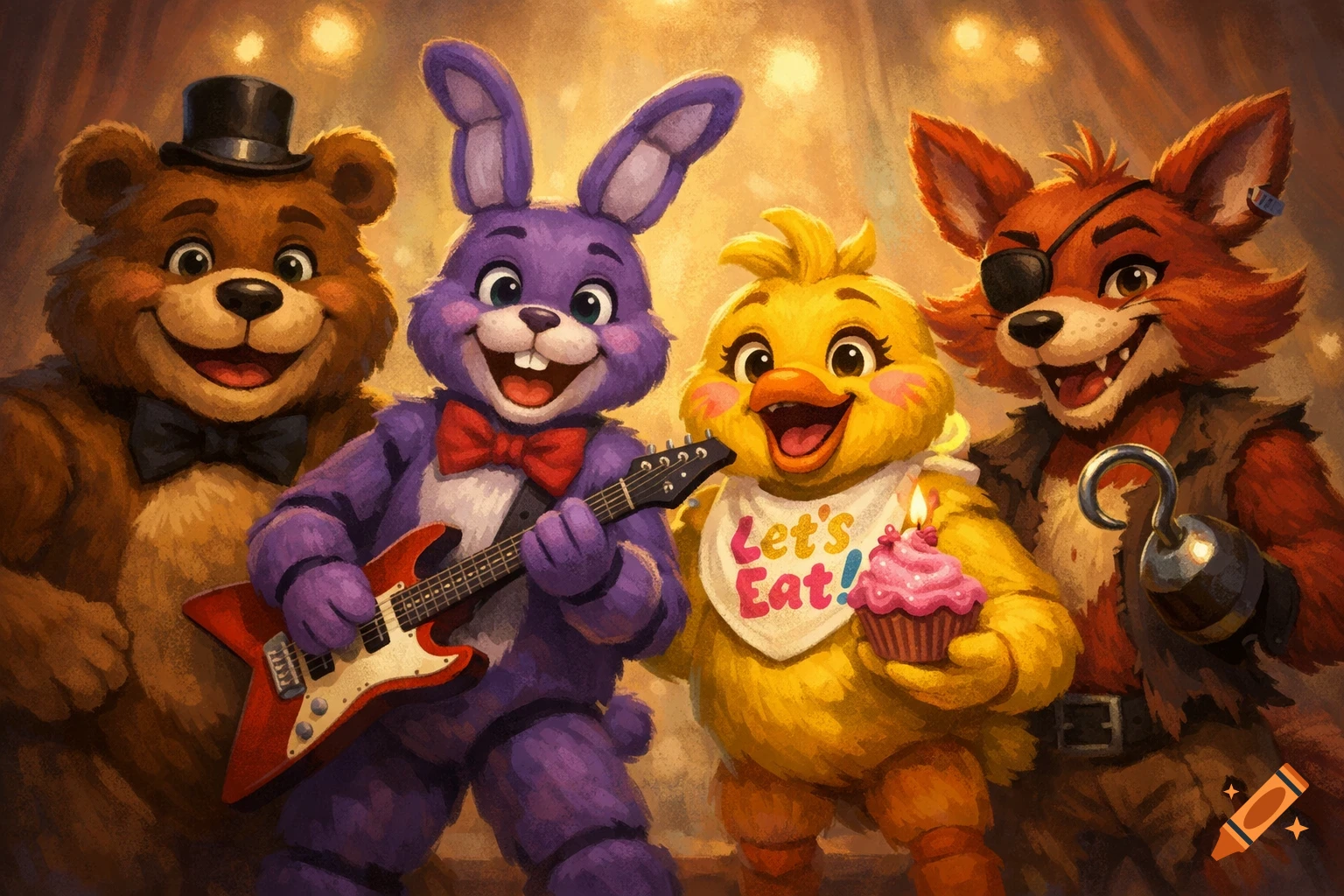 Four friendly animatronic characters, including a bear, bunny playing guitar, chicken holding a cupcake, and a fox with a hook, on stage.