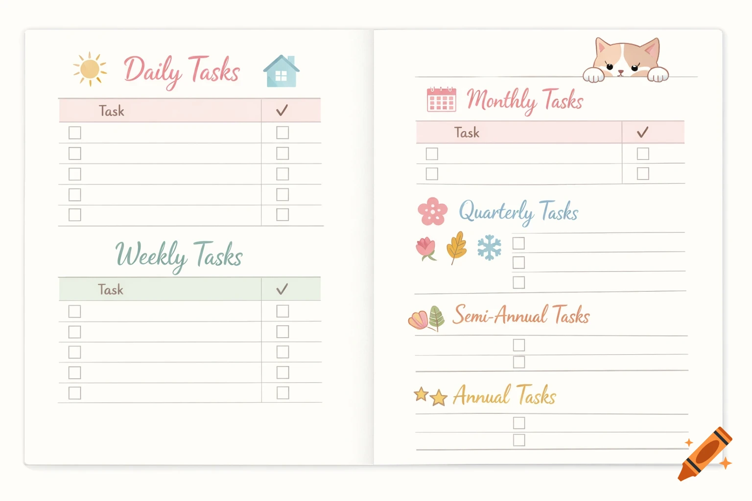 Minimalist pastel planner layout for daily, weekly, monthly, quarterly, semi-annual, annual tasks, with icons and a peeking cat.