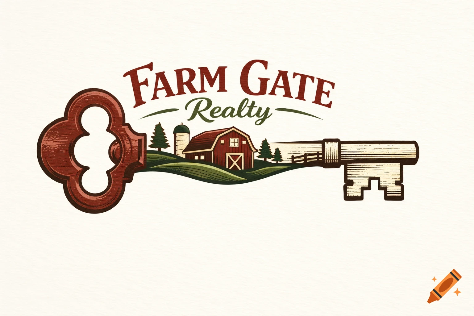 A rustic-style logo featuring a large skeleton key overlapping a farm scene with a red barn, silo, and trees, with the text "FARM GATE Realty" above.