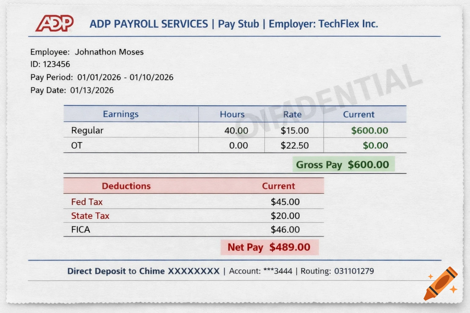 Photorealistic image of an ADP payroll pay stub for Johnathon Moses, showing earnings, deductions, gross pay, and net pay.