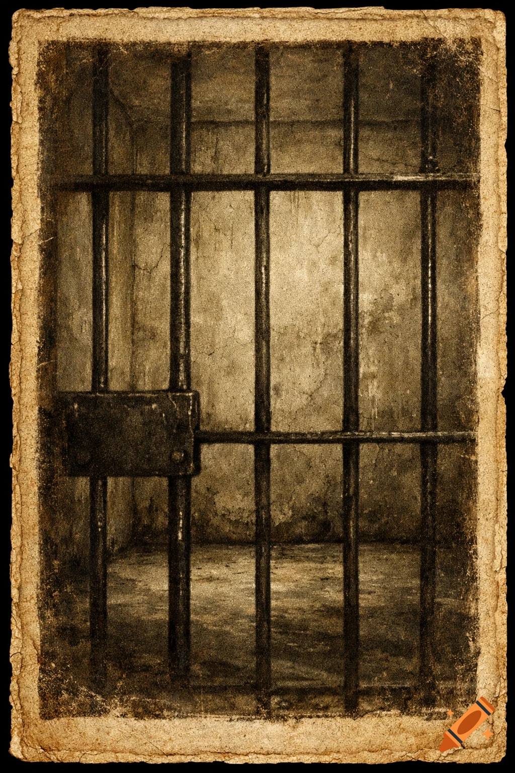 Sepia-toned vintage photo of dark prison cell bars within a textured, aged paper border.