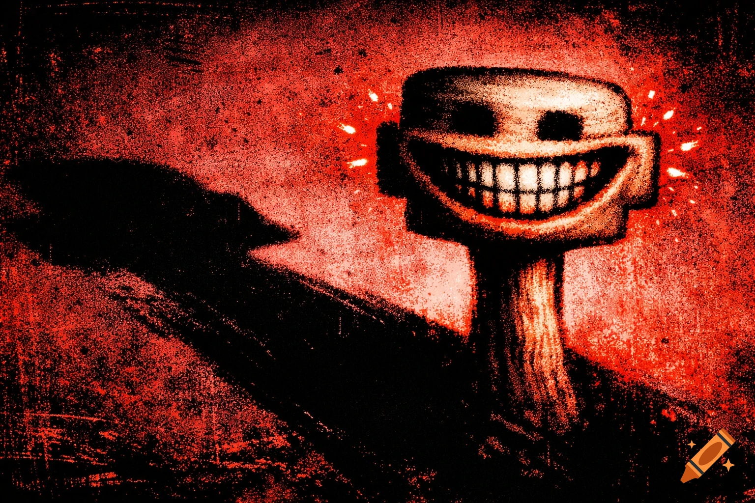 A creepy, distorted Roblox-like head with a wide, toothy grin and glowing red eyes, on a long neck against a gritty red background with a large shadow.