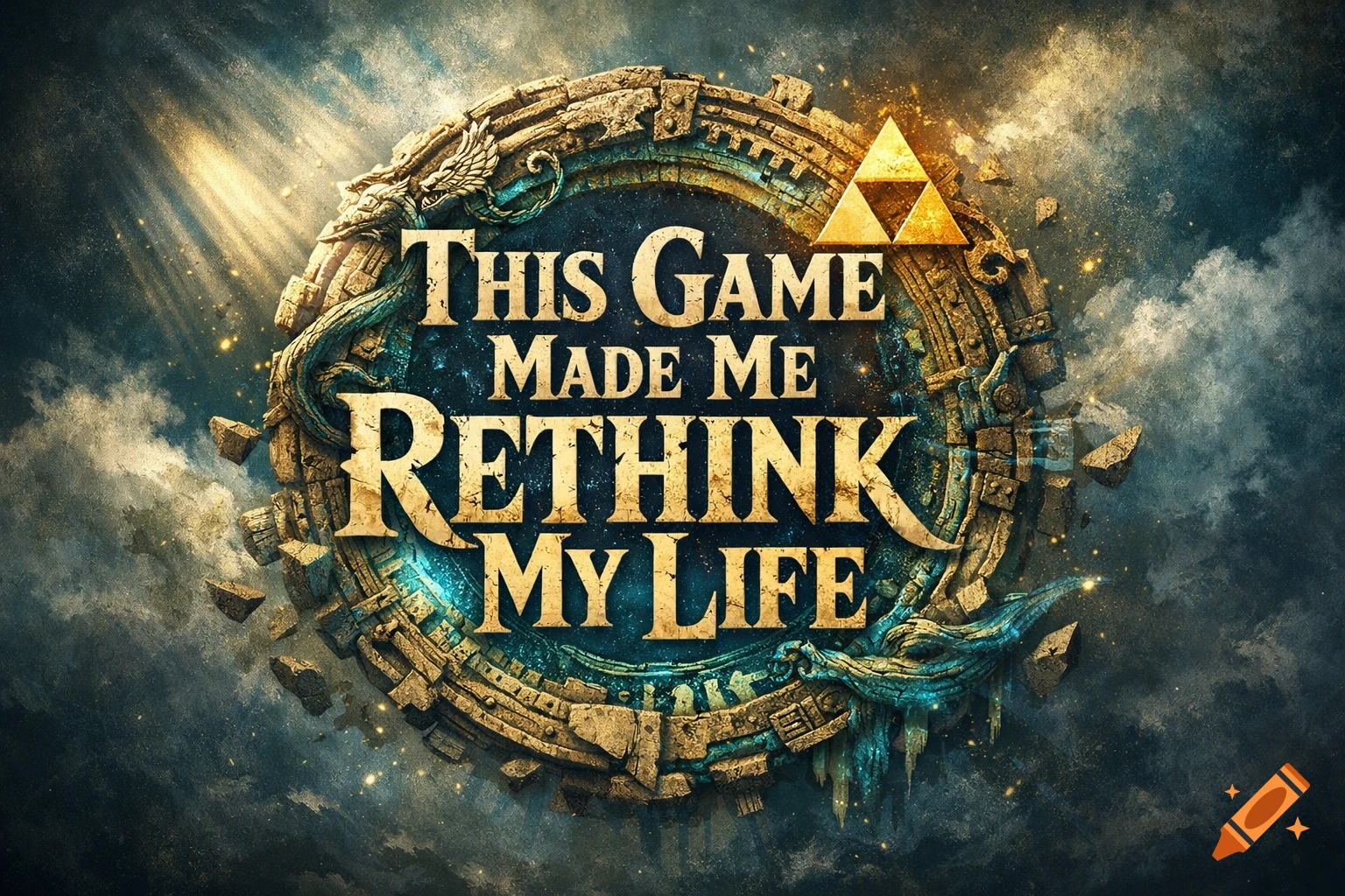Ornate fantasy logo for 'The Legend of Zelda' with the text 'THIS GAME MADE ME RETHINK MY LIFE' in a shattered stone circle.
