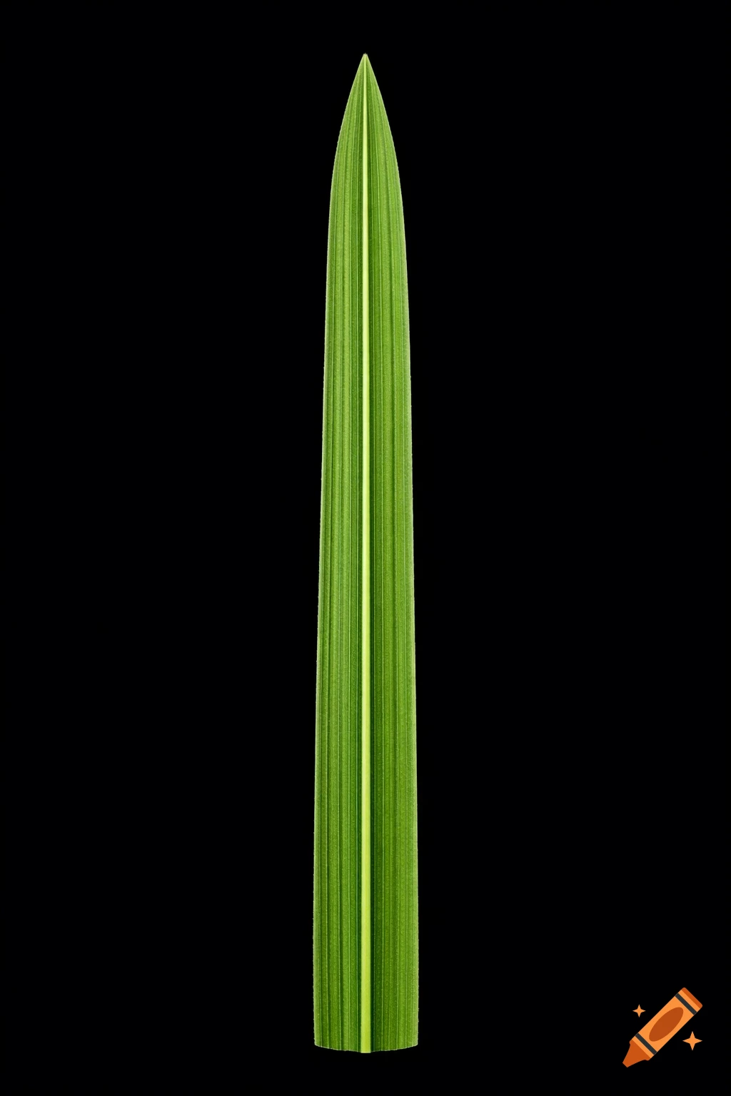 A single, slender, vibrant green blade of grass with visible veins, centered on a pure black background.