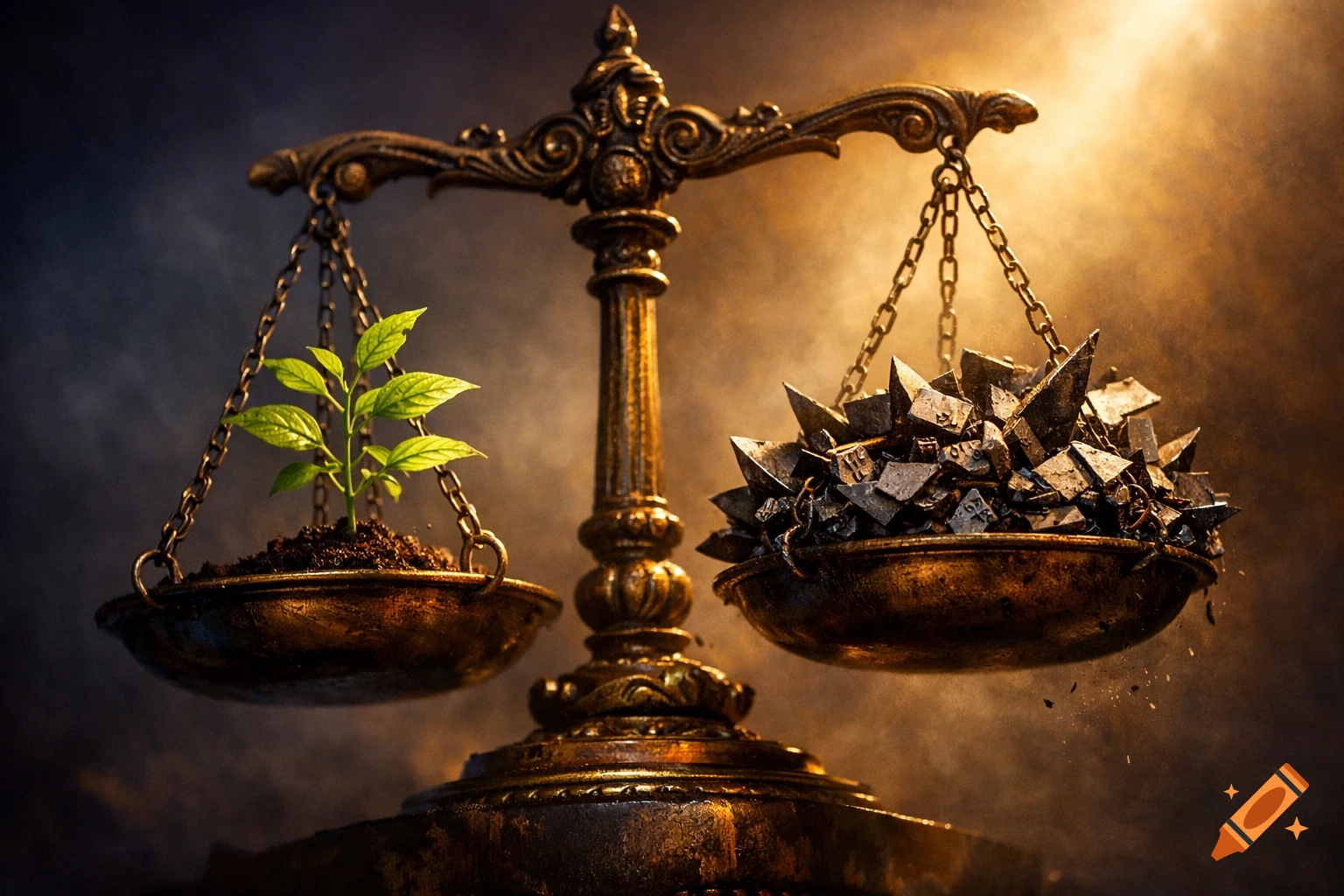 An antique brass balance scale. A small green plant grows in soil on the left pan, while a pile of sharp, broken metal pieces fills the right pan. Dark, dramatic lighting.