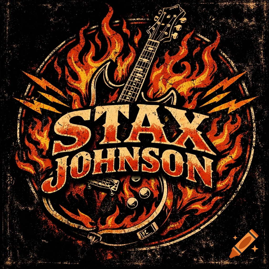 A distressed grunge rock logo for Stax Johnson band featuring an electric guitar, flames, and lightning bolts in a circular design.