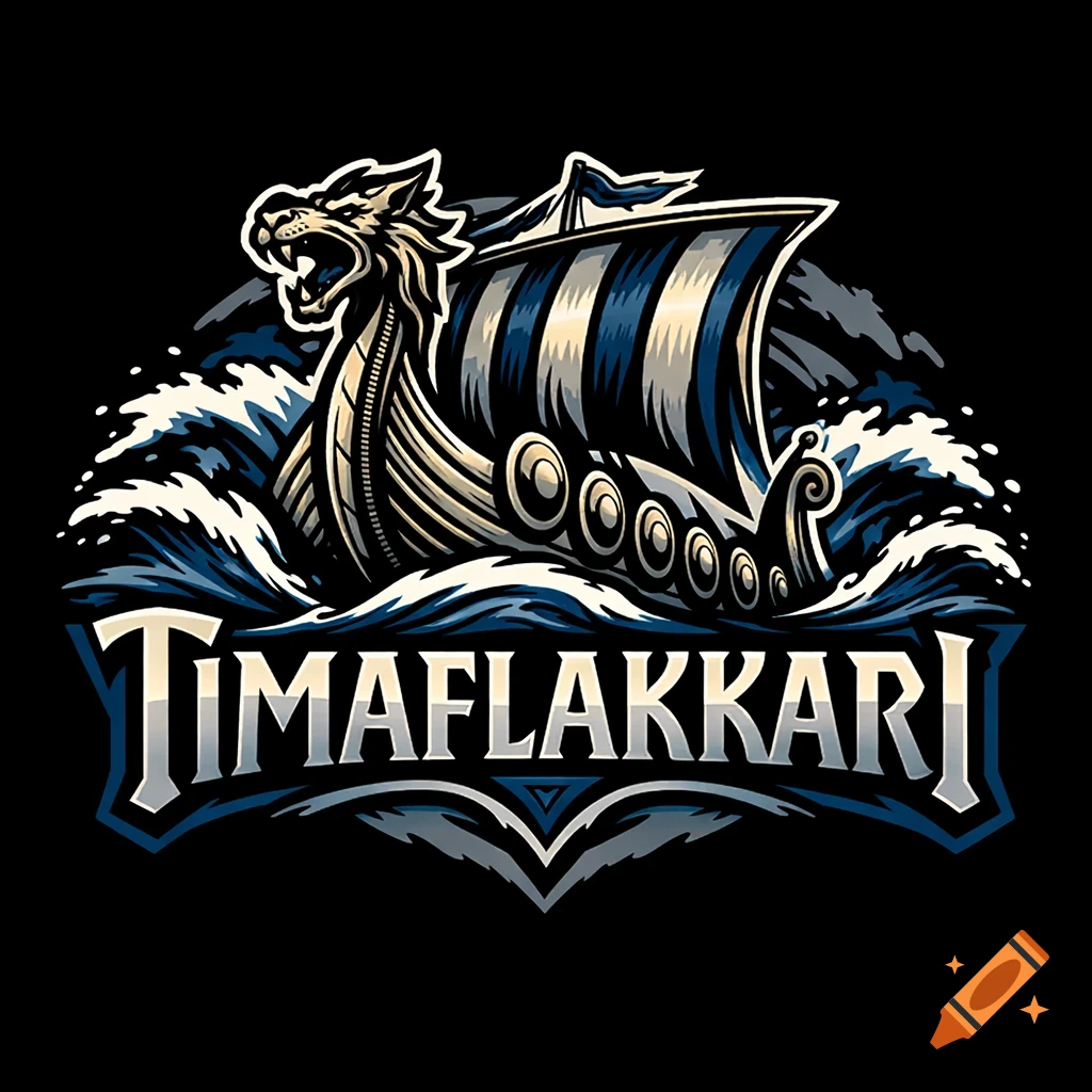 Stylized logo of a Viking longship with a dragon head in rough seas, above the text 'TIMAFLAKKARI'.