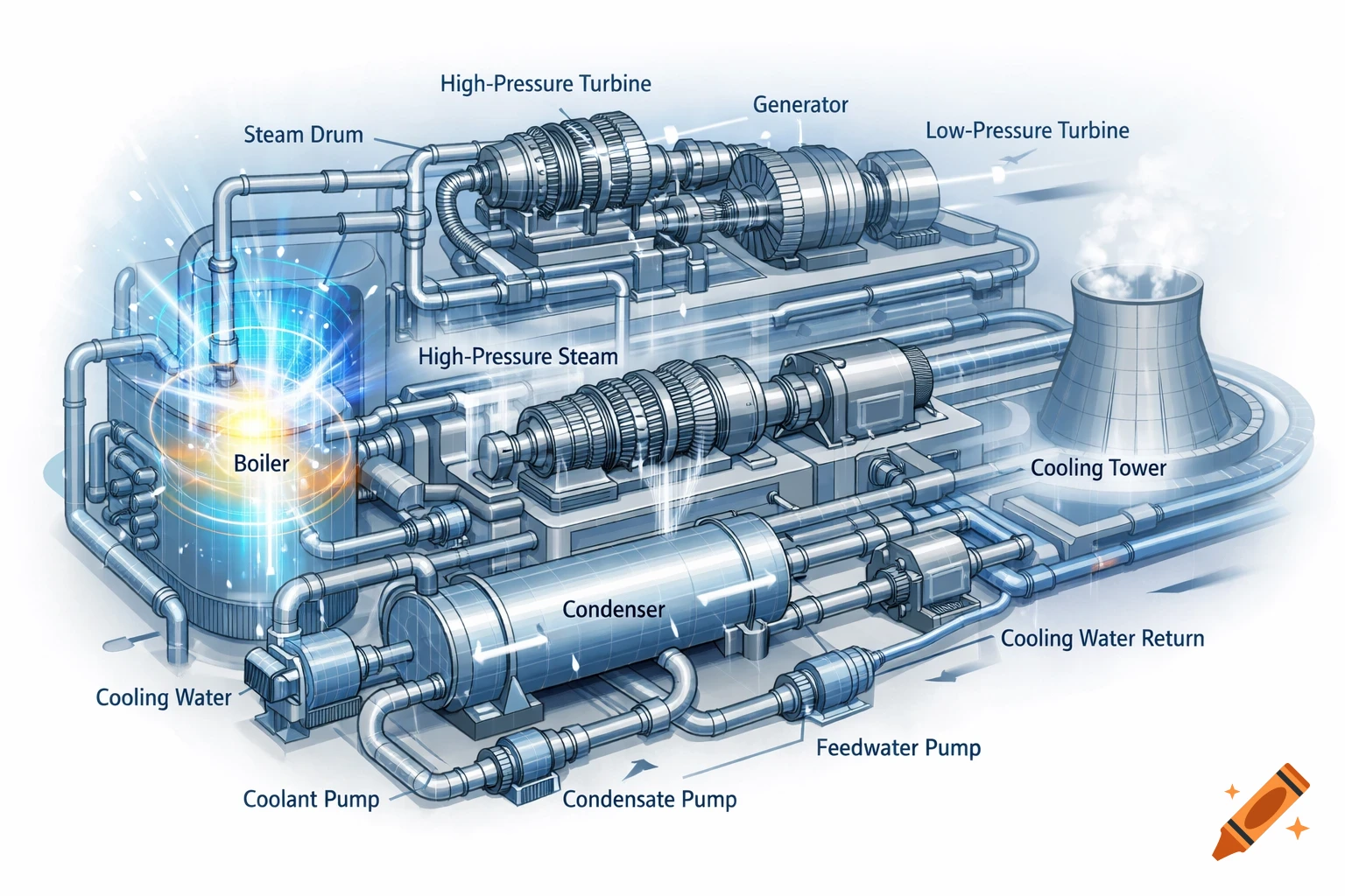Detailed schematic diagram of a steam power plant showing components like boiler, turbines, generator, condenser, and cooling tower.