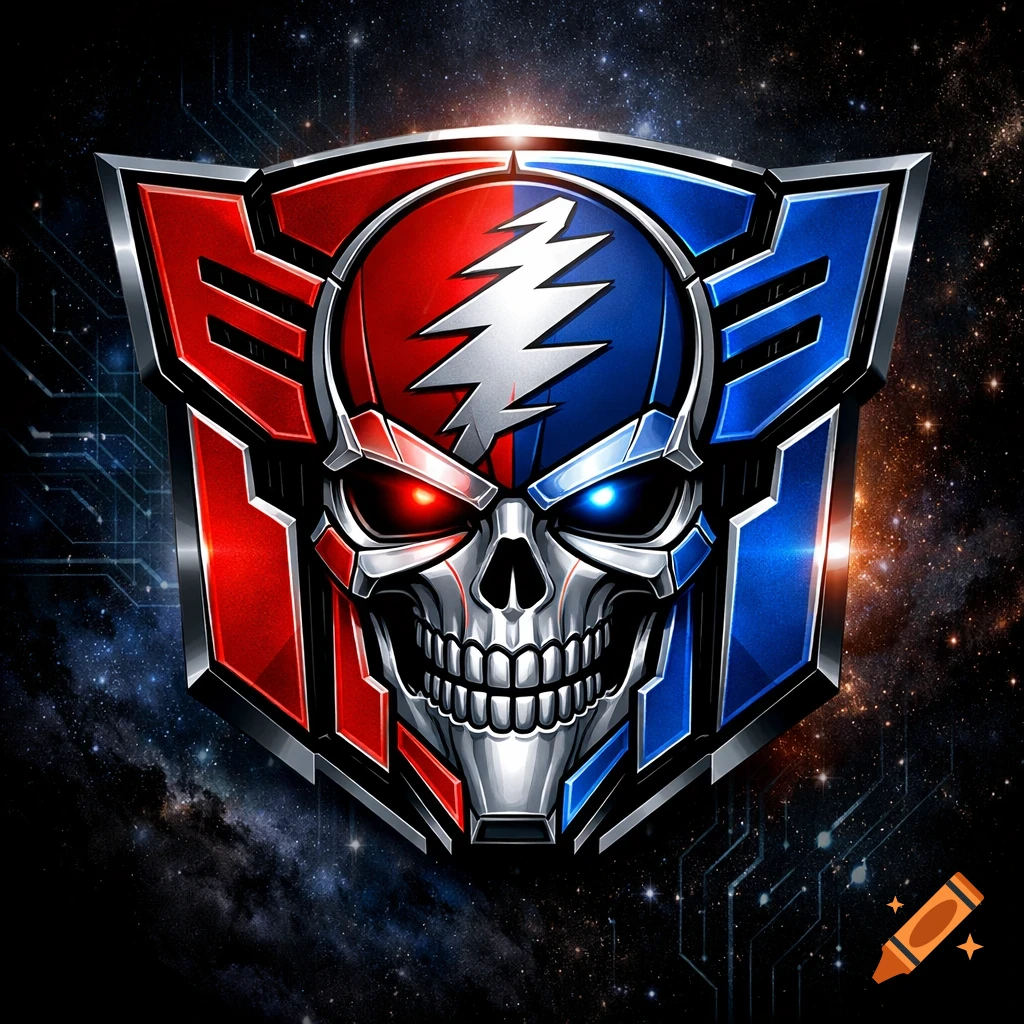 A metallic skull with a white lightning bolt on its forehead, split red and blue, integrated into a stylized Autobot insignia against a starry background.