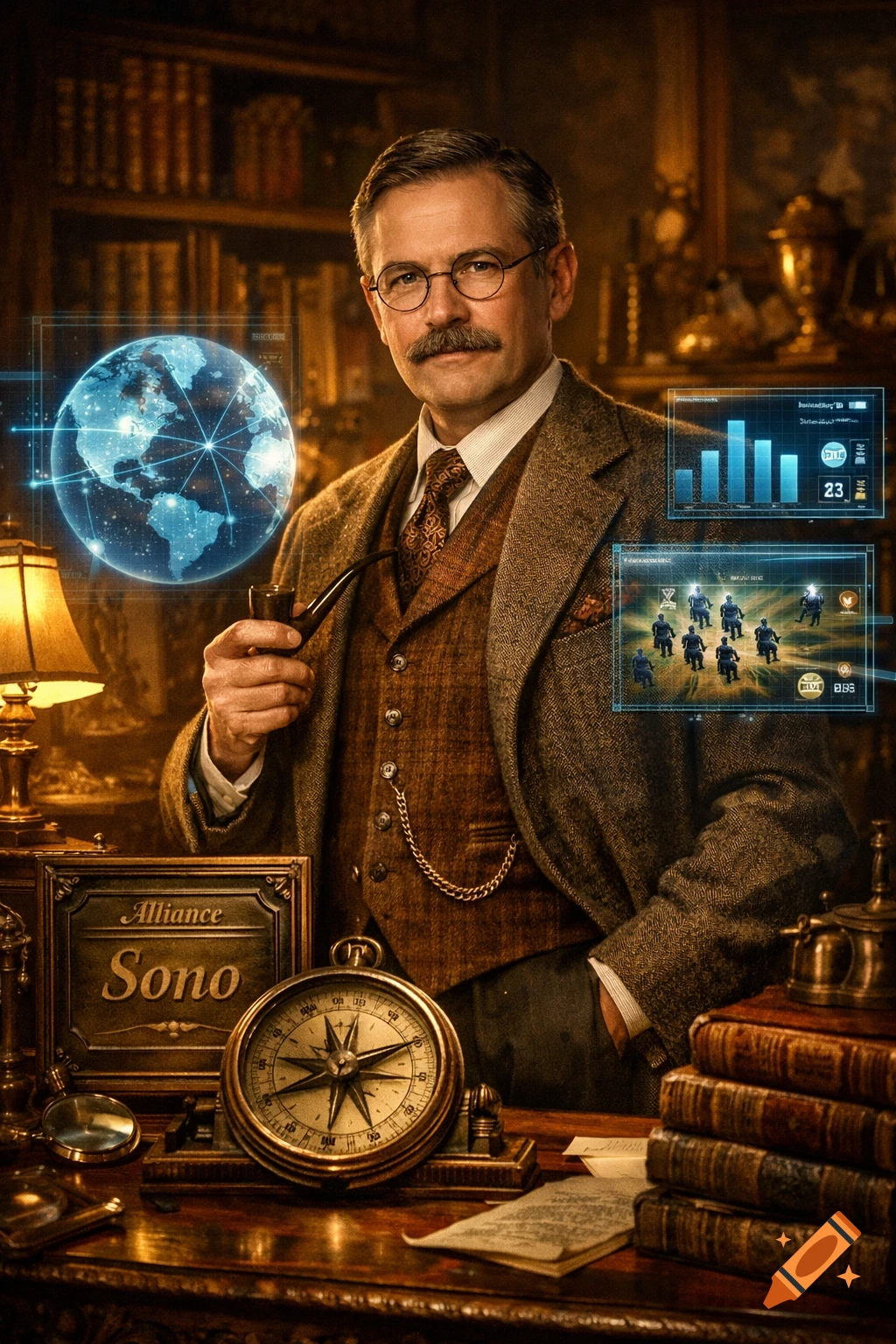 A distinguished man in a tweed suit and mustache holds a pipe in a vintage study, surrounded by glowing blue sci-fi holograms, a compass, and old books.