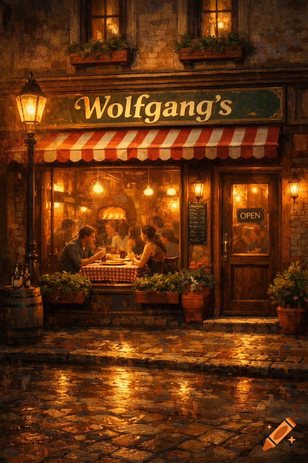 A painterly night scene of Wolfgang's restaurant with warm lights, a wet cobblestone street, and diners inside.