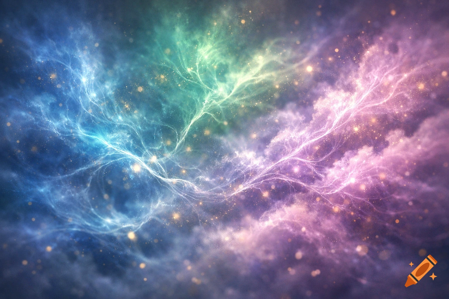 Vibrant blue, green, and purple cosmic nebula with glowing tendrils and sparkling particles.