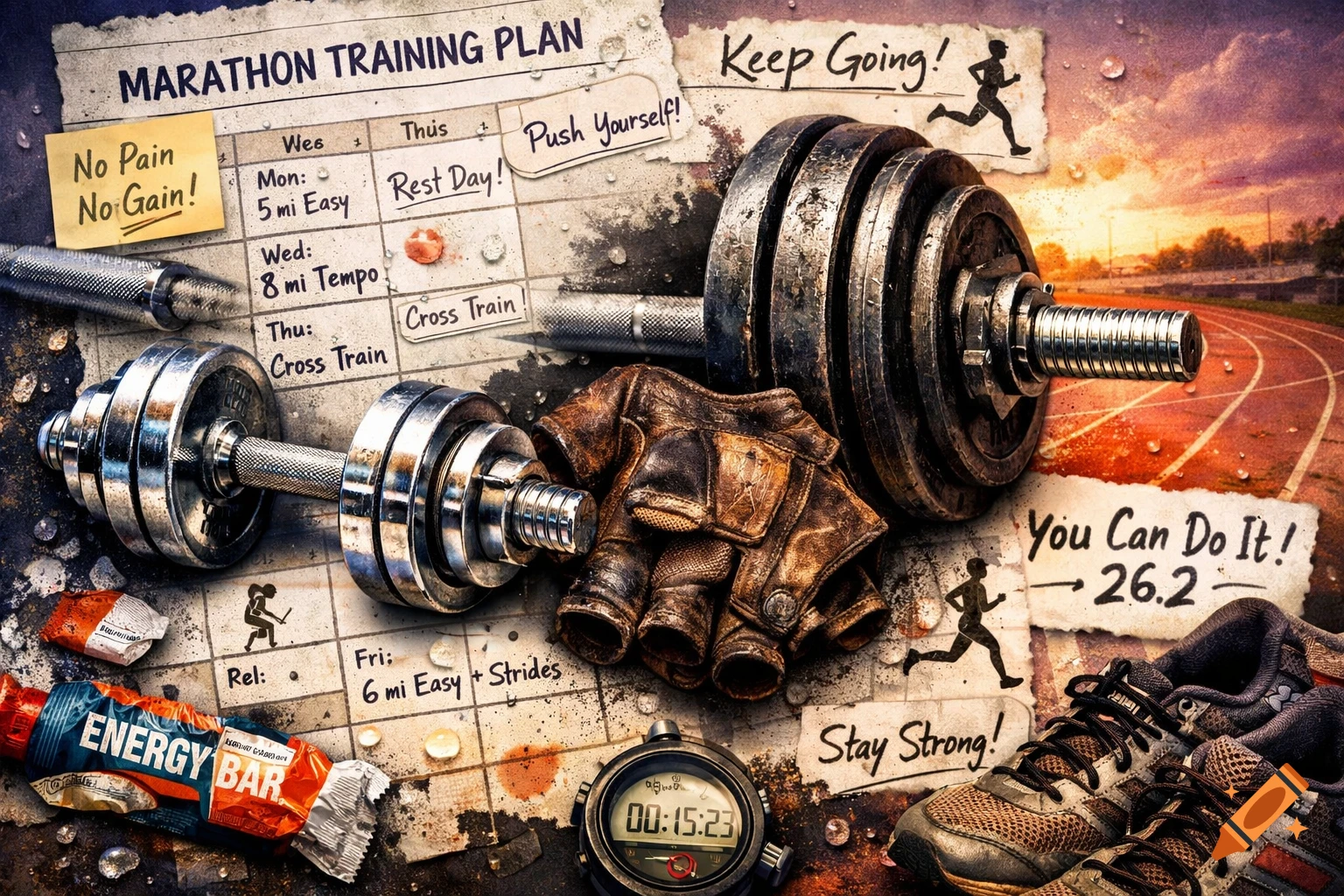 A fitness collage showing dumbbells, a marathon training plan, running shoes, a stopwatch, and an energy bar on a gritty surface.