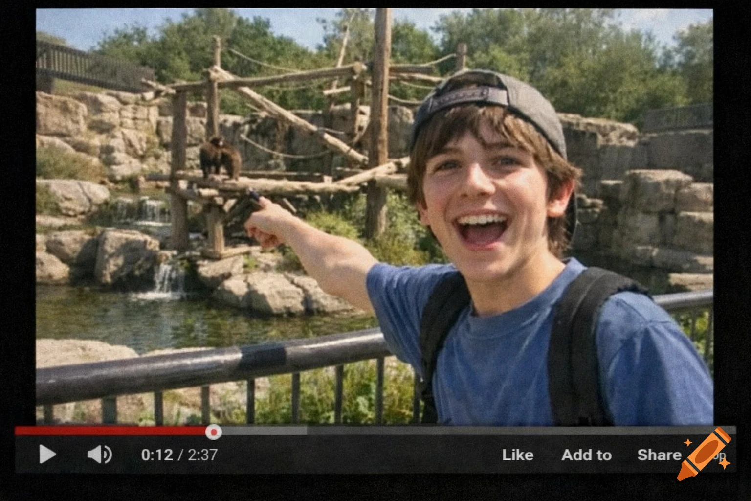Happy boy points at a bear in its enclosure at a zoo, framed as a 2005 YouTube video screenshot.