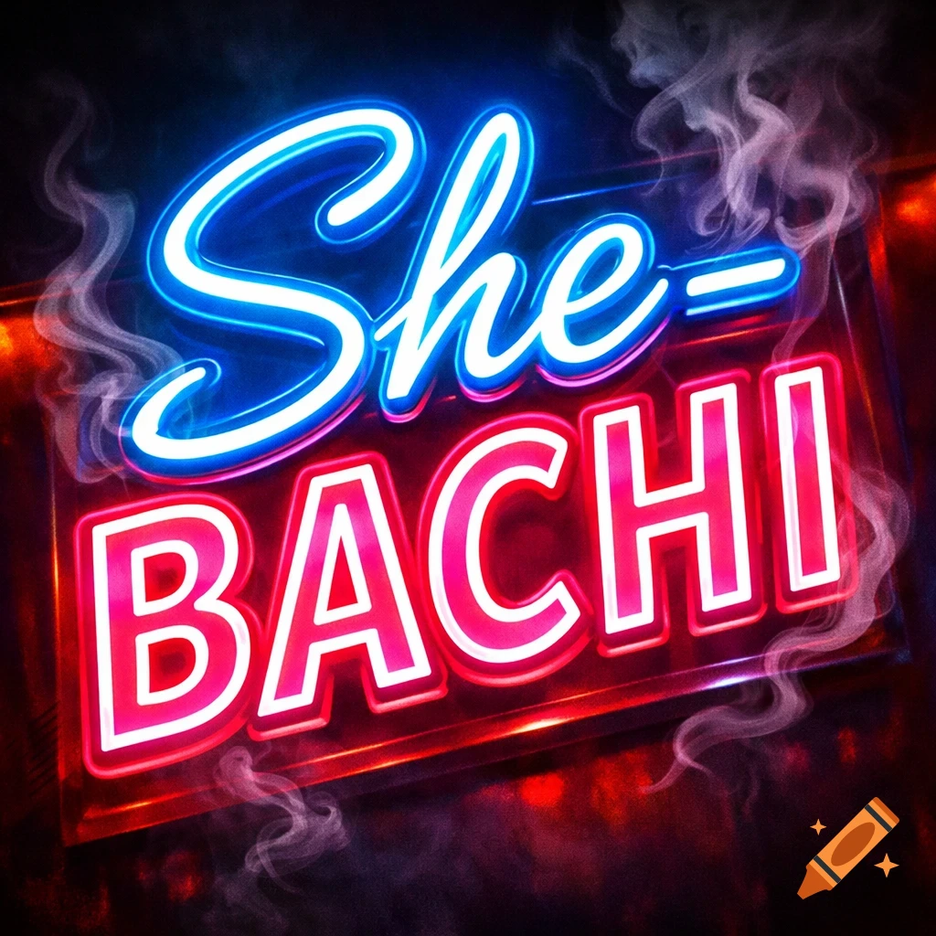 A glowing blue and red neon sign for a restaurant named 'She-Bachi', surrounded by wisps of smoke.