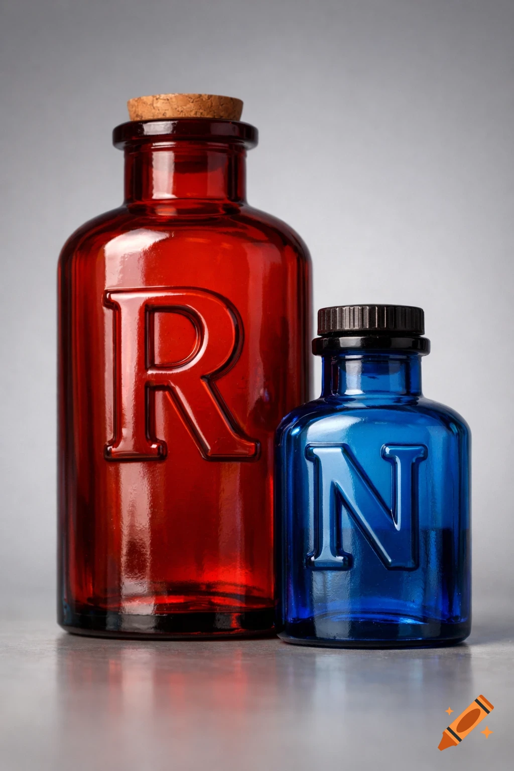 A large red glass bottle with a raised 'R' and a cork stopper stands next to a smaller blue glass bottle with a raised 'N' and a black cap.
