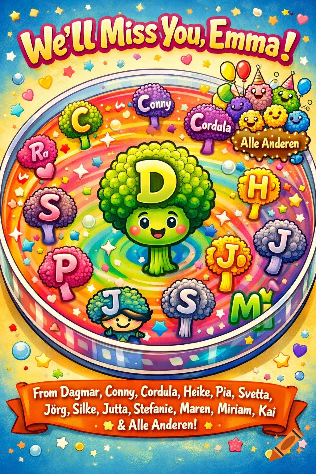 A colorful, cheerful cartoon poster for a farewell. It features a central happy broccoli character with a 'D' on its head, surrounded by other smaller, colorful broccoli-like characters with names like 'Conny', 'Cordula', 'Alle Anderen', and initials. The top banner reads 'We'll Miss You, Emma!' and a bottom banner lists names 'From Dagmar, Conny, Cordula...' and '& Alle Anderen!'.
