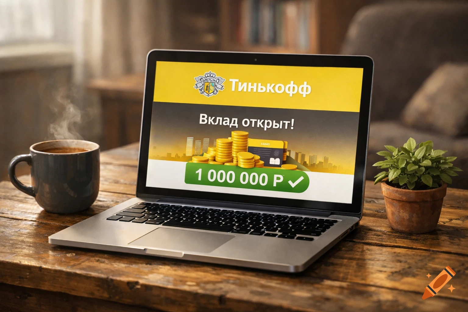 Photorealistic image of a laptop on a wooden table displaying a Tinkoff banking app screen with '1,000,000 ₽' balance, next to a steaming coffee mug and a small potted plant.