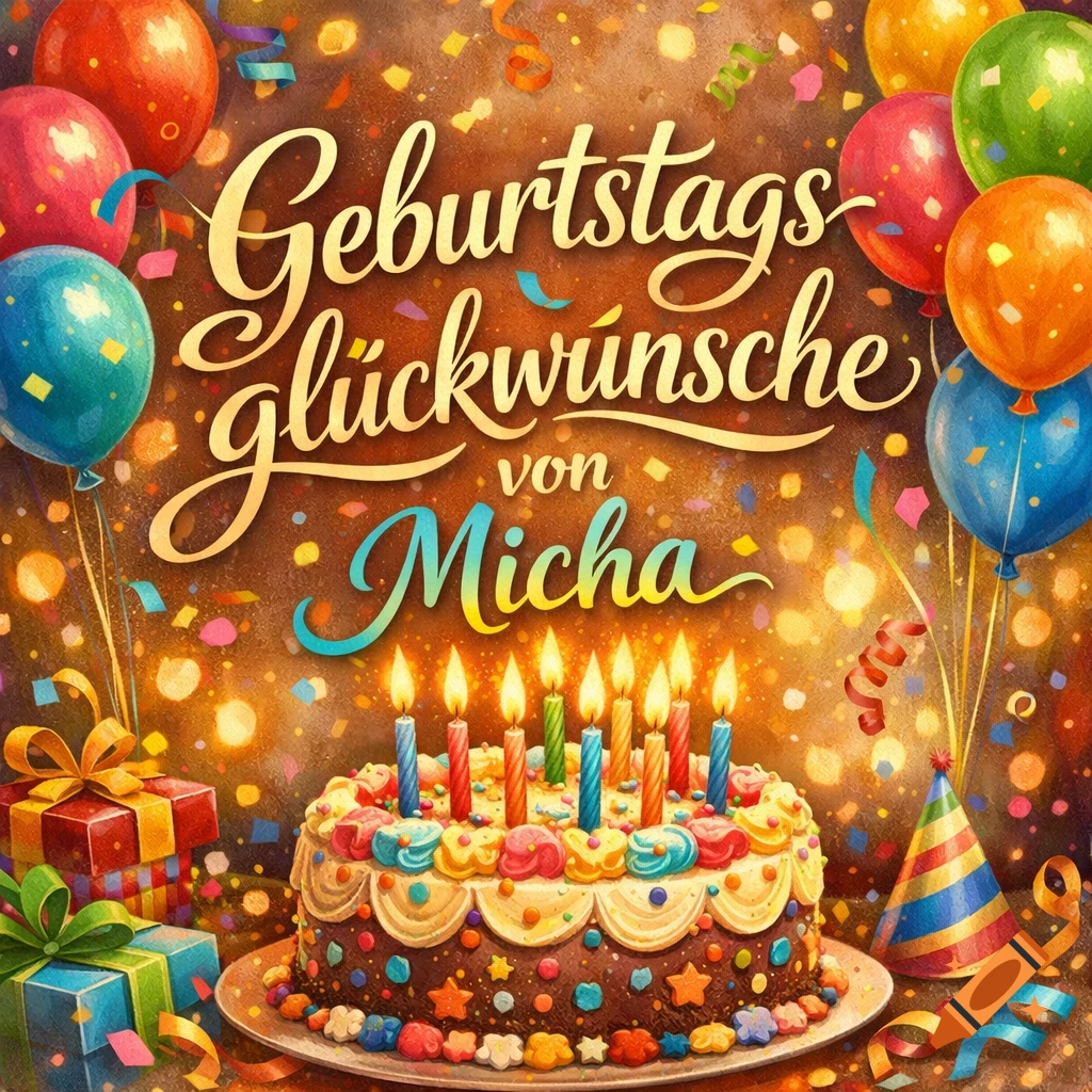 A festive birthday greeting card with text "Geburtstagsglückwünsche von Micha" above a decorated chocolate cake with lit candles. Colorful balloons, wrapped gifts, and confetti surround the scene against a sparkling background.