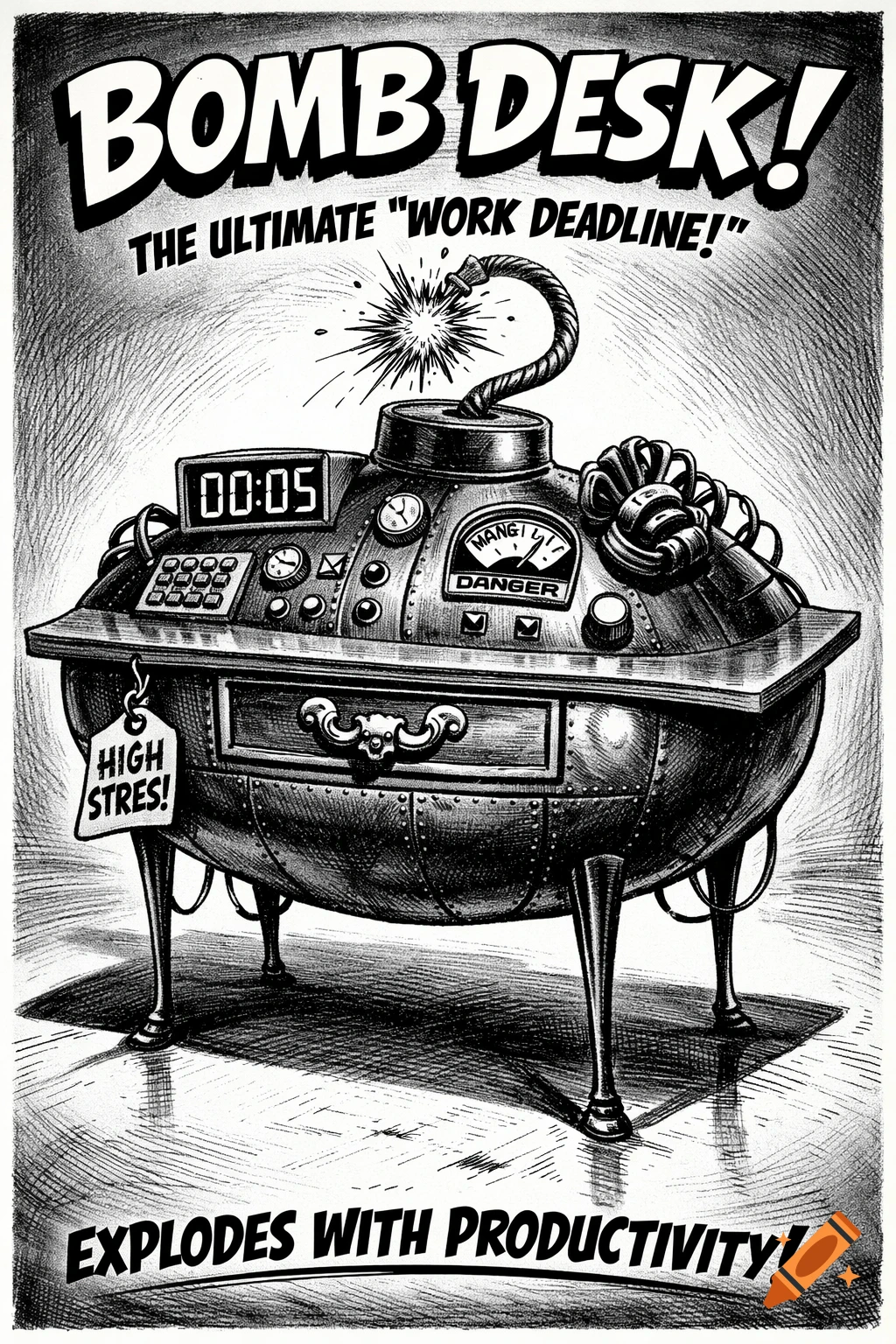 A black and white cartoon ad for "Bomb Desk!" shows an office desk shaped like a bomb with a lit fuse and a timer, labeled "The Ultimate 'Work Deadline!'"