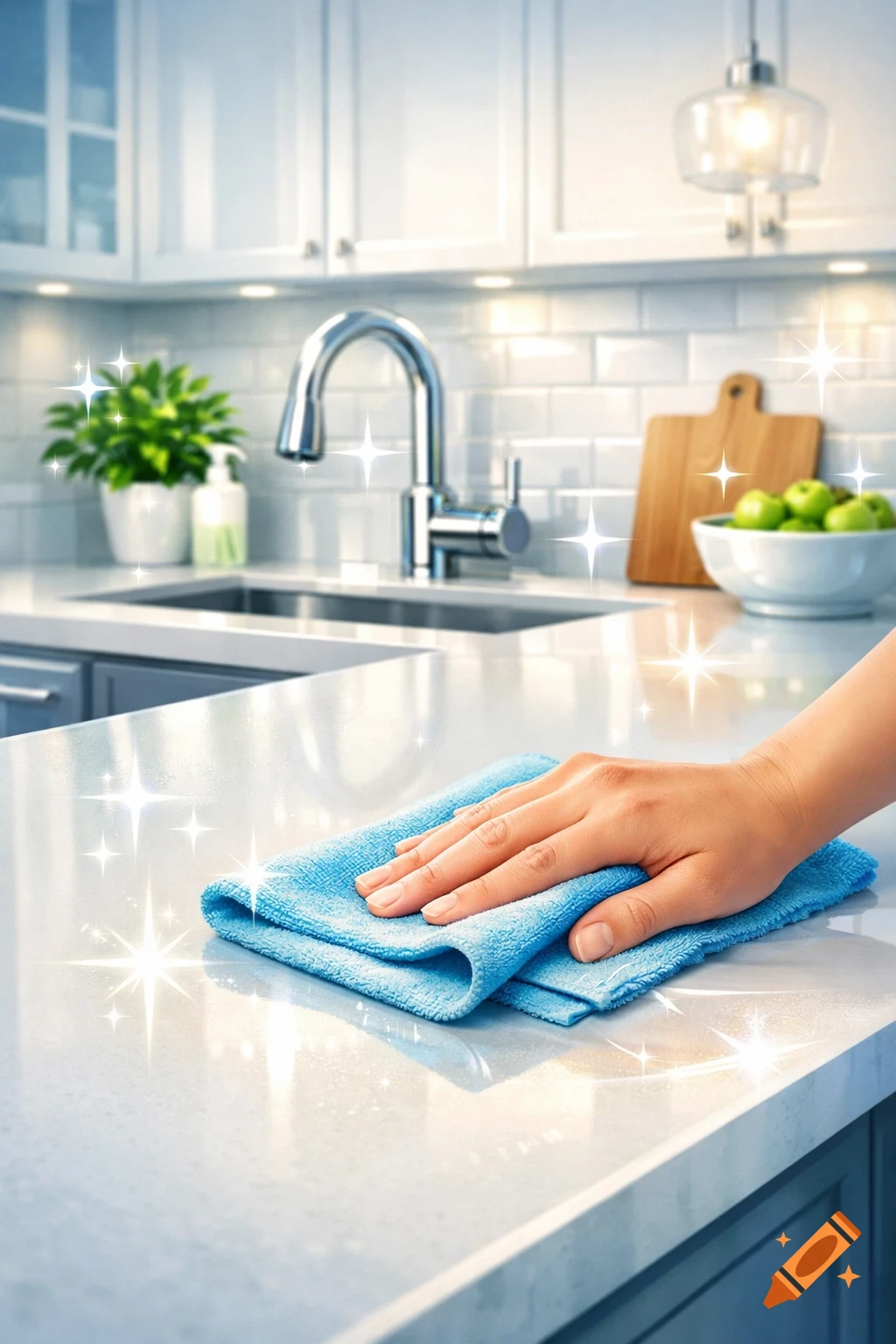 A hand holding a blue microfiber cloth wipes down a sparkling white kitchen counter with a sink and green apples in the background.