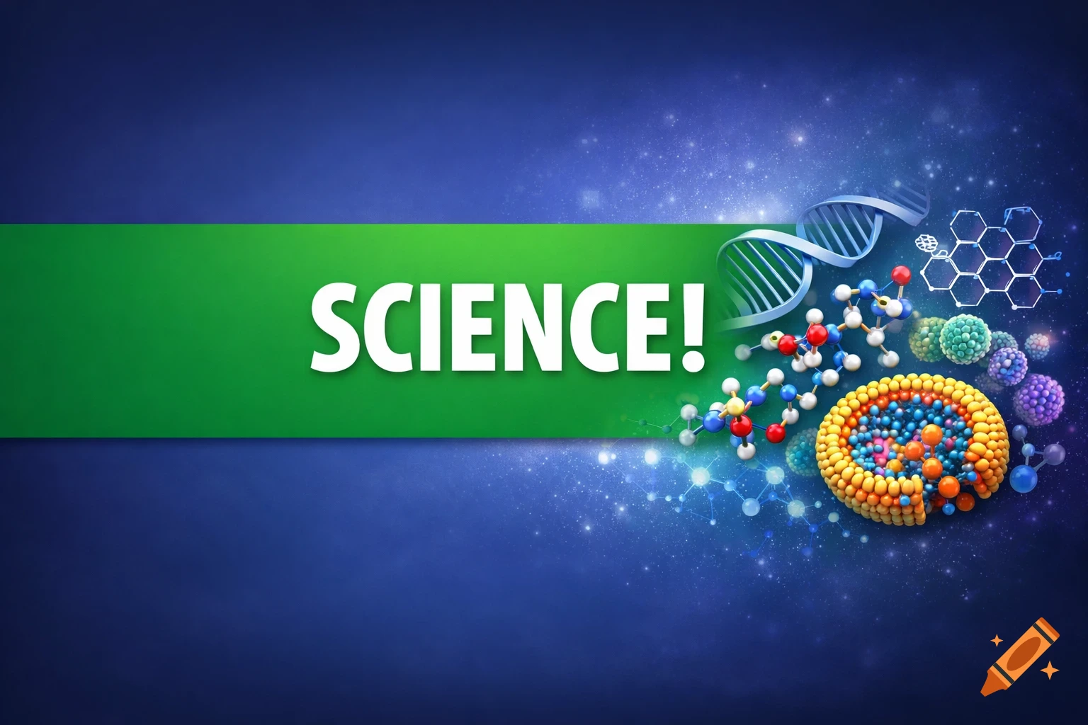 Green banner with 'SCIENCE!' text on a blue background, surrounded by scientific models including DNA, molecules, and cells.