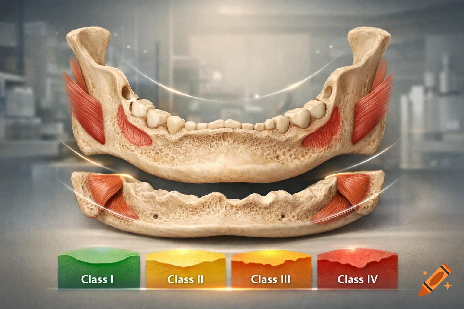 3D rendered scientific illustration of two human mandibles with associated muscles, showcasing a four-class system for edentulism.