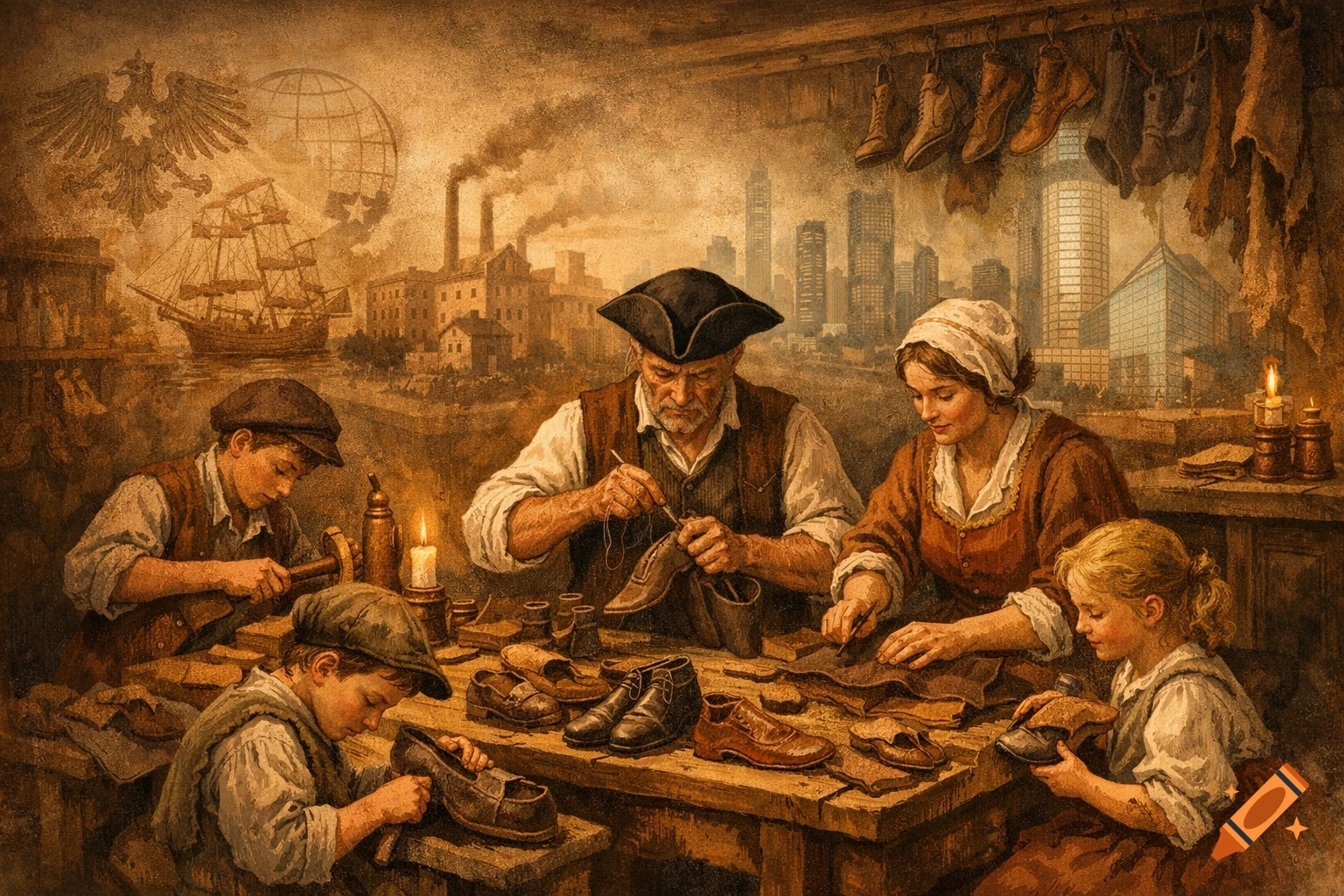 A stylized, sepia-toned illustration of an 18th-century family shoemaking workshop, with a father, mother, and two children working on shoes, overlaid with a timeline of a ship, factory, and modern city skyscrapers in the background.