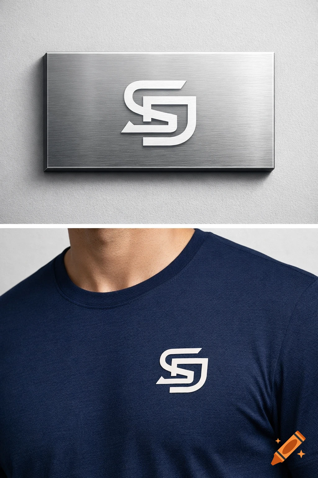 A white stylized logo on a brushed metal sign and a navy blue t-shirt worn by a person.