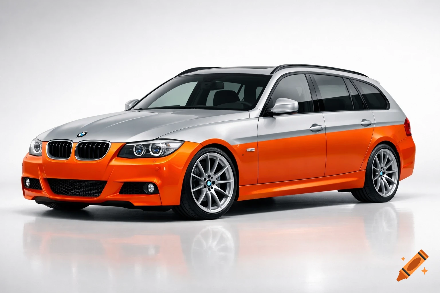 A silver and orange two-tone BMW station wagon with silver wheels, parked on a white surface with reflections.