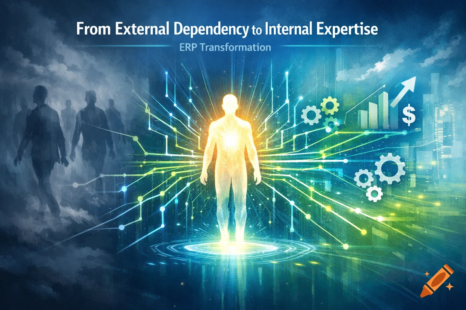 A glowing human figure with digital connections emanating outwards, surrounded by gears, a bar graph, and dollar sign. Silhouettes of people walk on the left, with text "From External Dependency to Internal Expertise ERP Transformation" at the top.