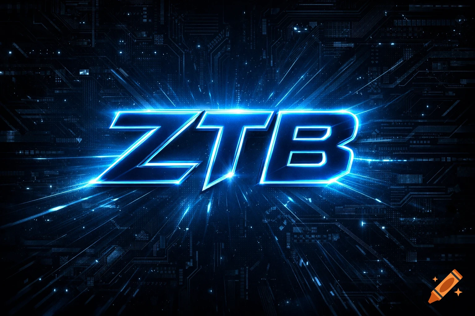 Bold, neon blue futuristic 'ZTB' text on a dark, glowing circuit board background in cyberpunk style.