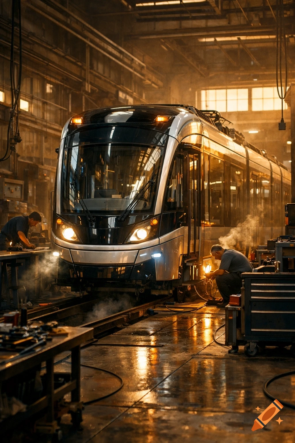 Modern tram undergoing maintenance in a dimly lit, industrial workshop with mechanics working.
