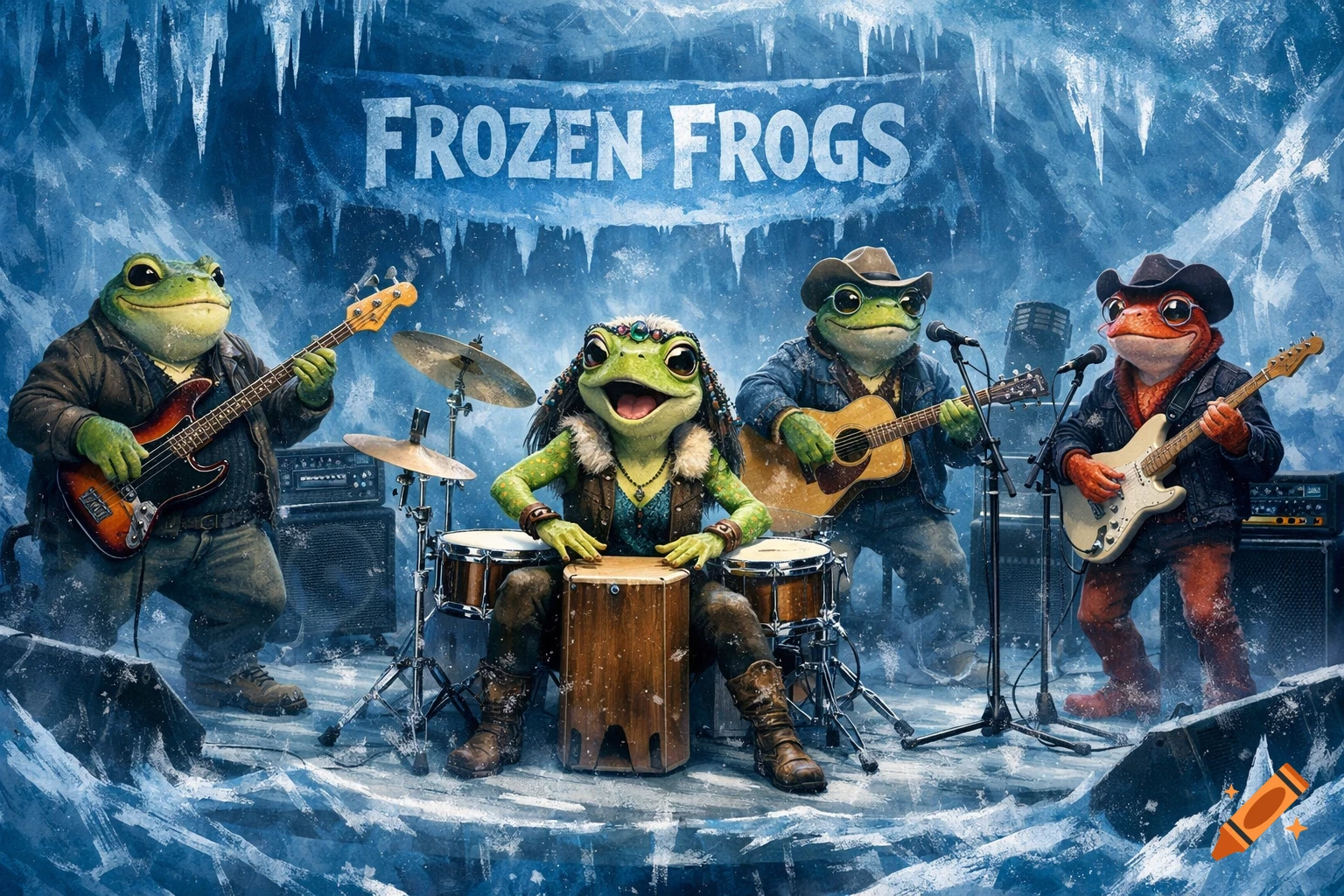An anthropomorphic frog band called 'Frozen Frogs' plays instruments on an icy stage with icicles hanging overhead.