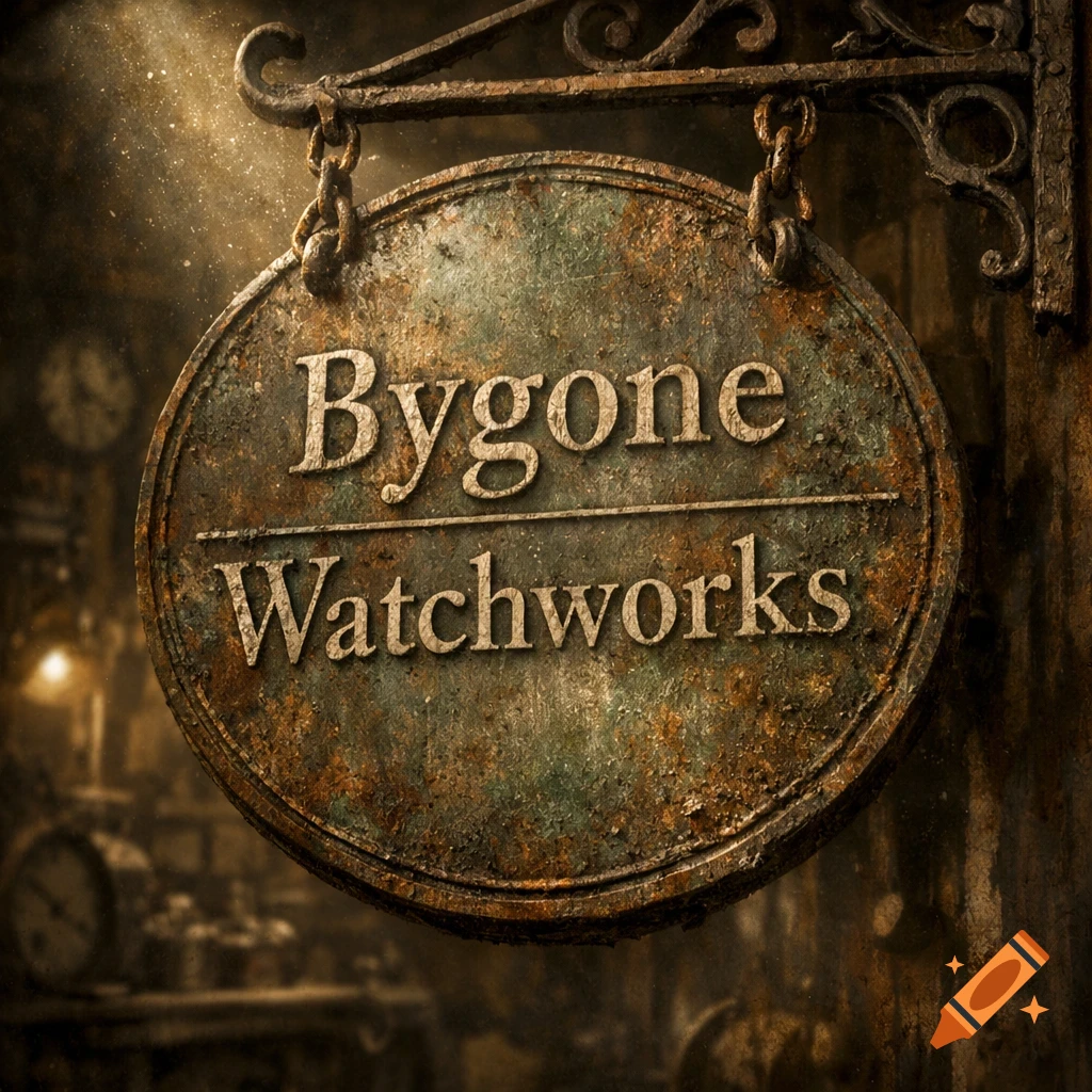 An old, rusty round sign reading 'Bygone Watchworks' hangs from an ornate metal bracket, in a dimly lit, vintage setting.