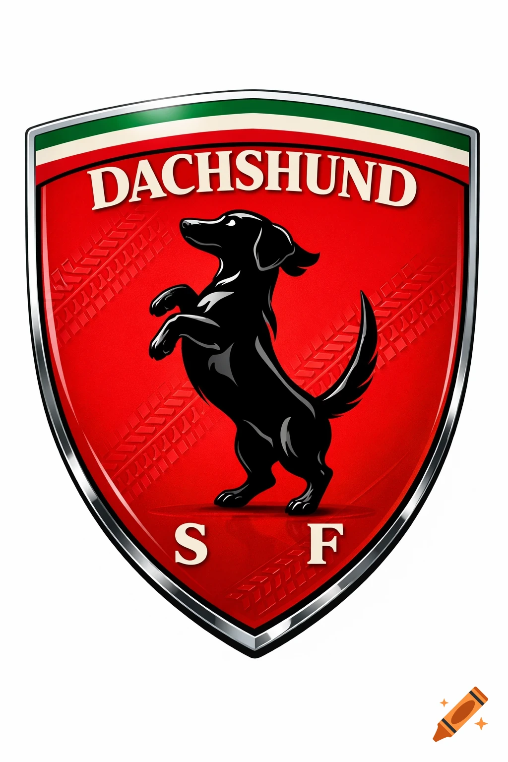A red shield logo with green, white, and red stripes at the top, featuring a black prancing dachshund. Text 'DACHSHUND' and 'SF' are on the shield.