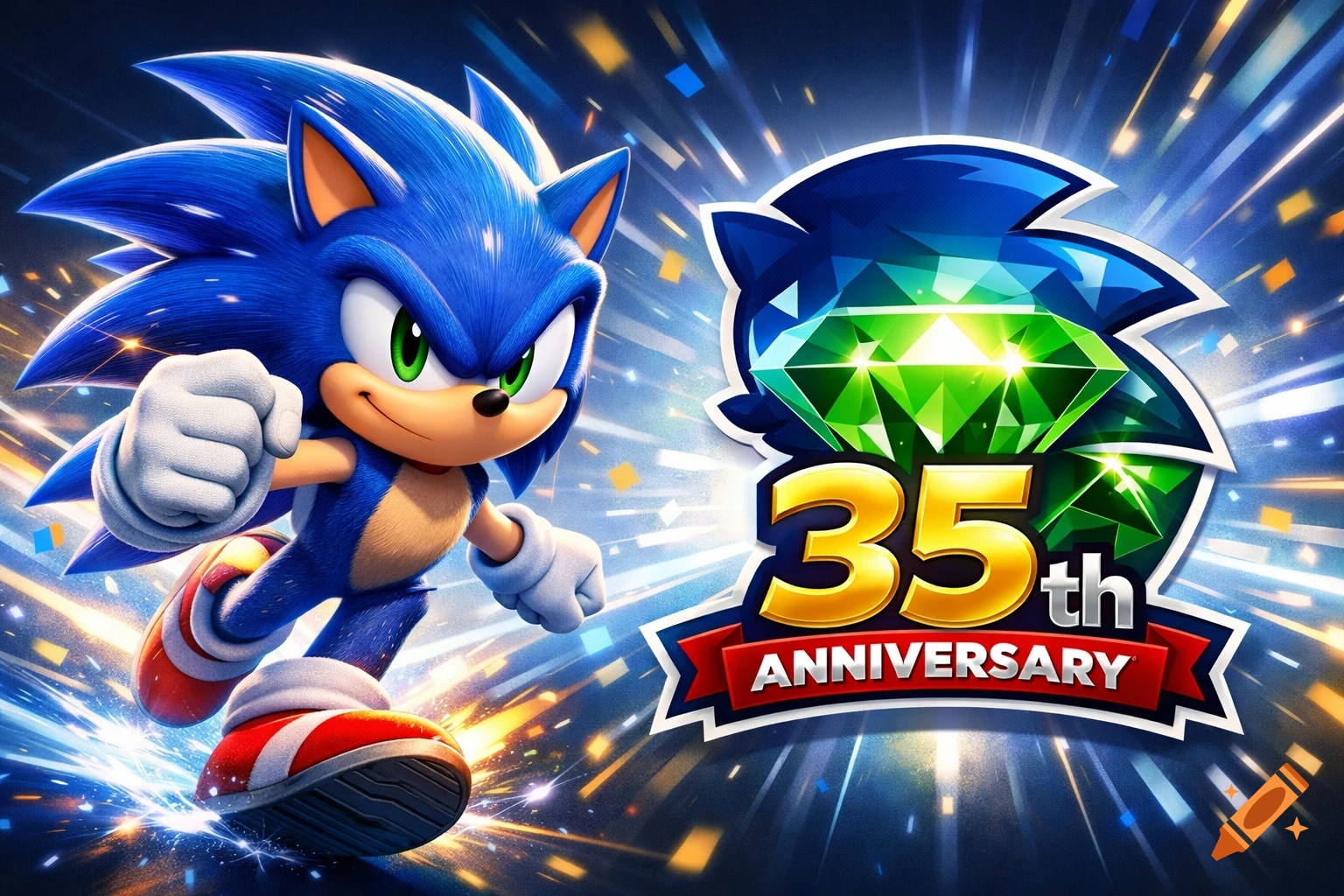 Sonic the Hedgehog running with a blue and green Chaos Emerald 35th-anniversary logo on a vibrant, sparkling background.