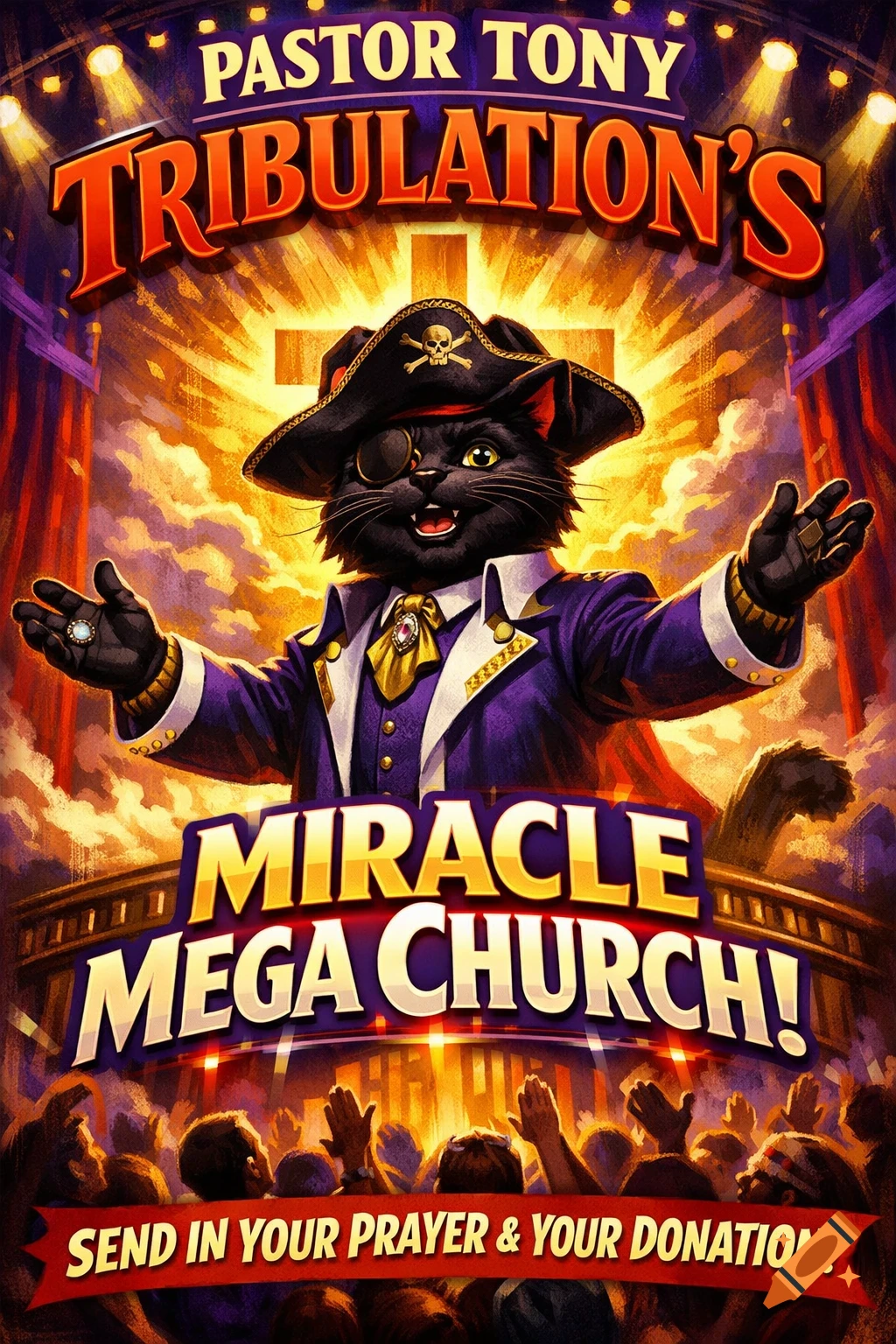 A vibrant cartoon poster depicts a black pirate cat, Pastor Tony Tribulation, in a purple suit, addressing a crowd at his "Miracle Mega Church."