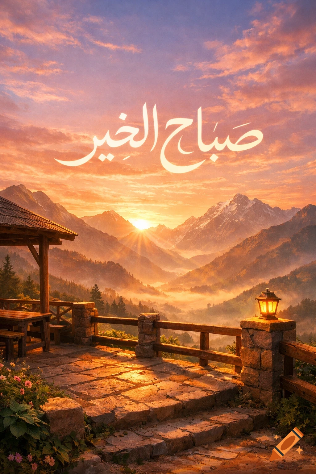 A beautiful sunrise over misty mountains, viewed from a stone patio with a gazebo. Arabic text 'Good Morning' is in the sky.