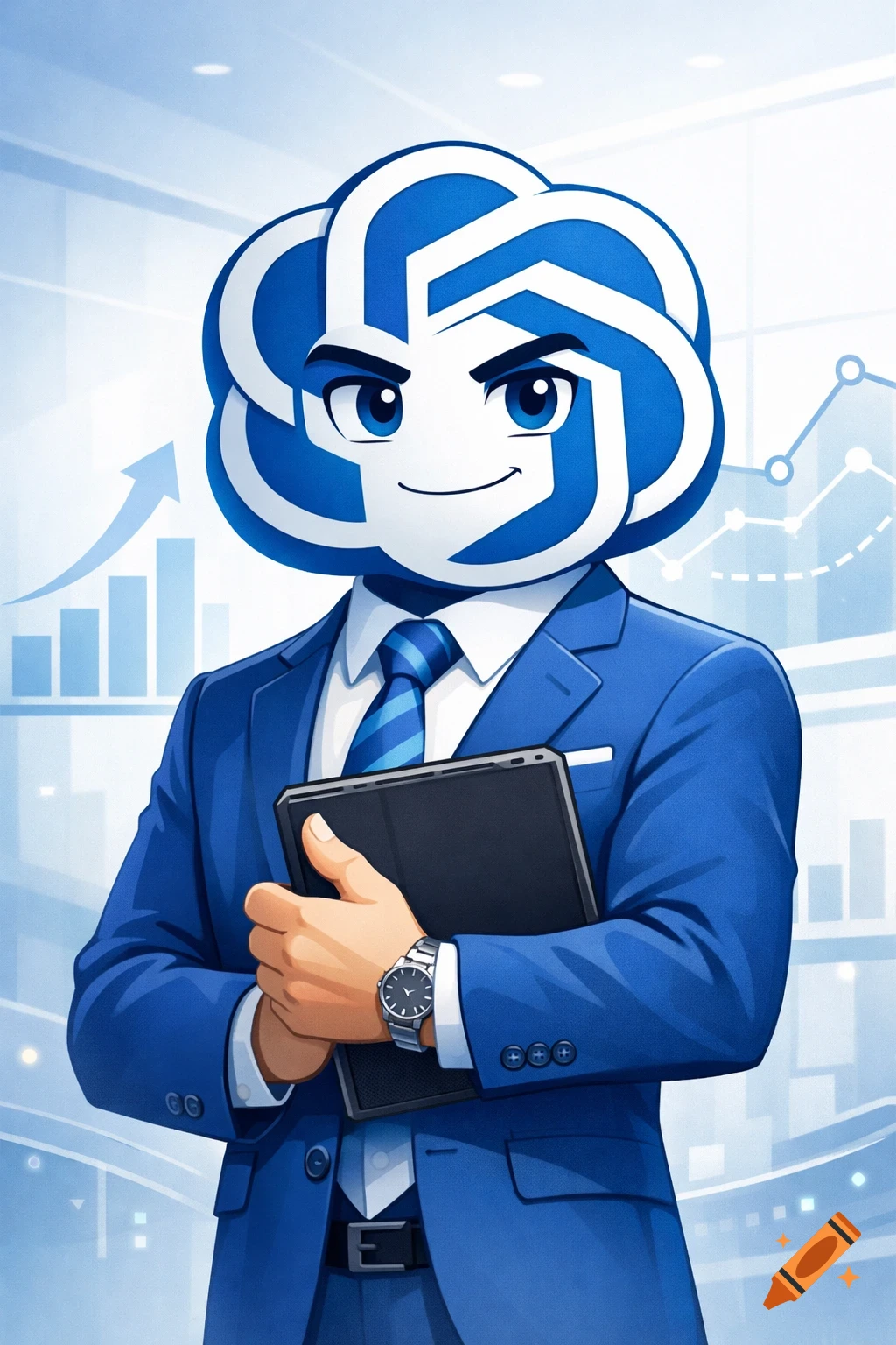 A cartoon character with a blue and white ChatGPT logo for a head, wearing a sharp blue business suit, holding a black tablet, in front of a background with upward trending graphs.