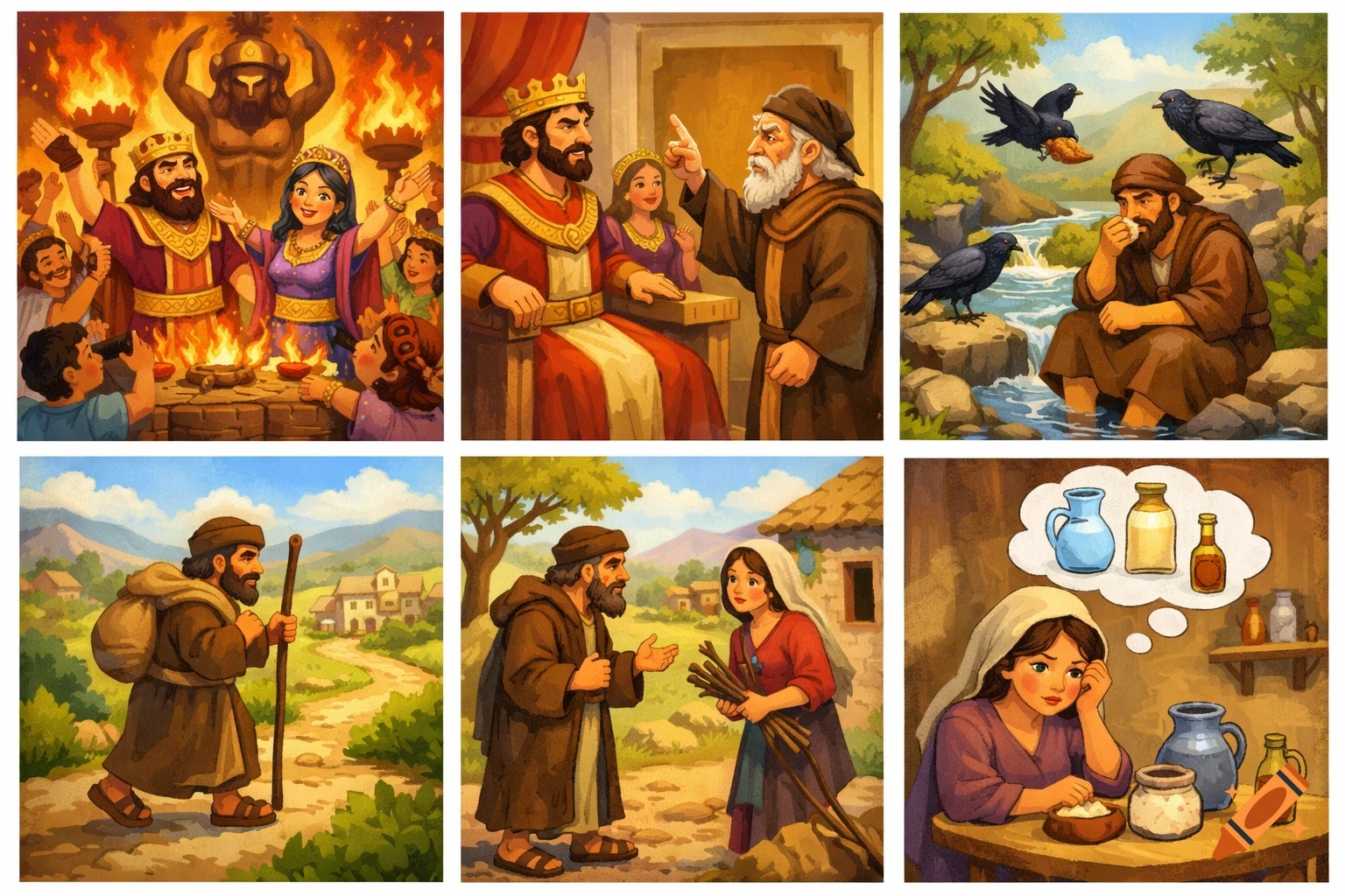 A grid of six vibrant biblical illustrations, showing stories of King Ahab, Jezebel, Baal worship, and the prophet Elijah with ravens and the widow of Zarephath.