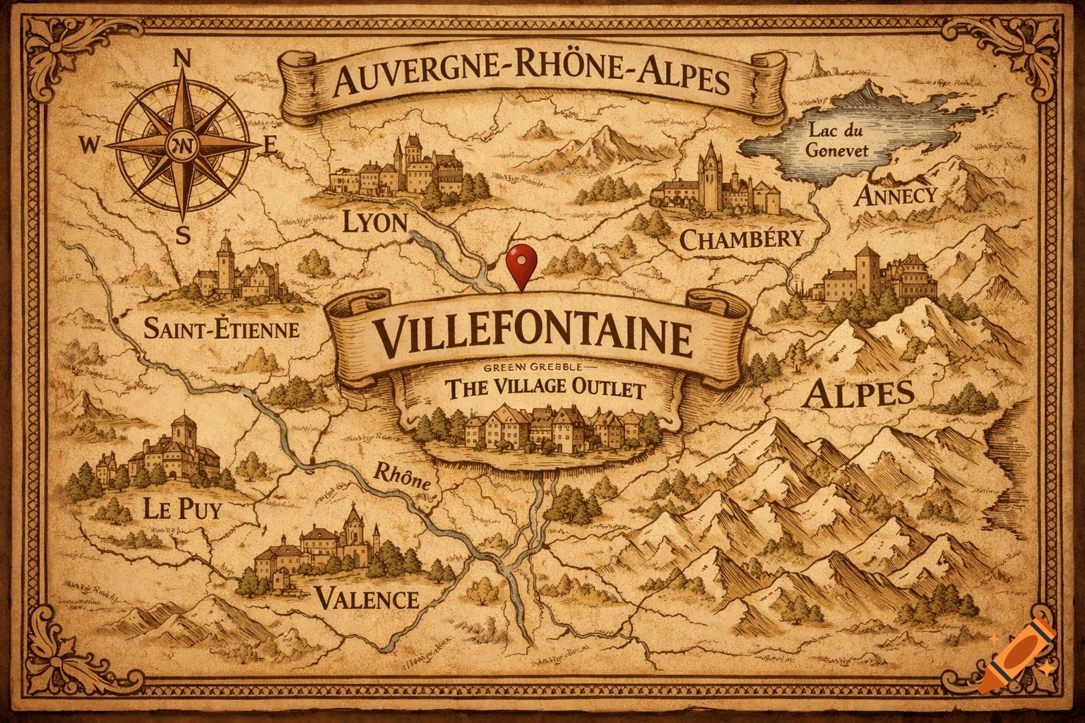A vintage-style map of the Auvergne-Rhône-Alpes region of France, showing cities like Lyon, Annecy, and Villefontaine, with mountains and rivers.