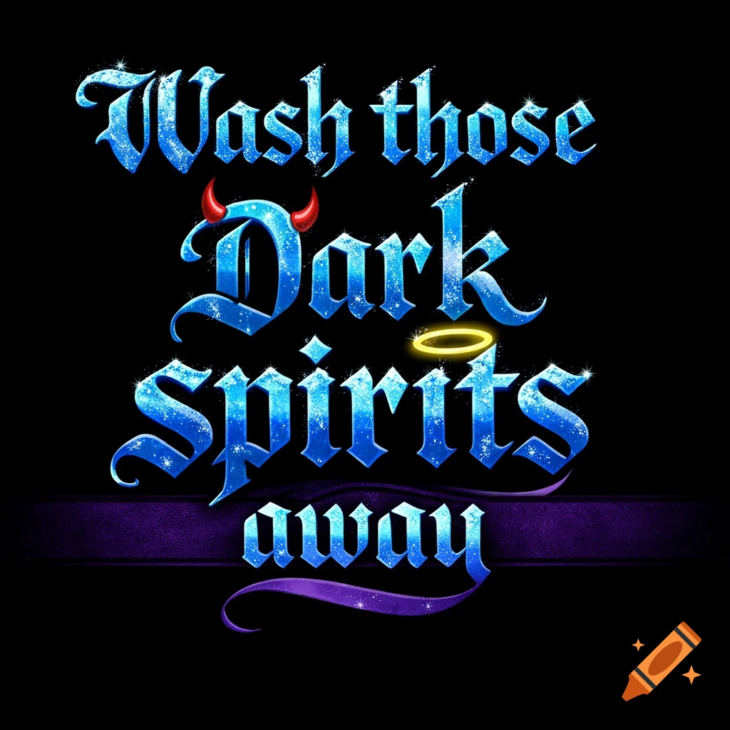 Stylized text on black background reading "Wash those Dark Spirits away" in blue, glittery medieval font, with red devil horns on 'D' and a yellow halo on 'i', underscored by a deep purple line.